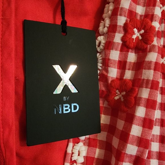 NWT X by NBD Florence Red & White Gingham Beaded Embroidered Mini Dress NWT - Picture 4 of 11